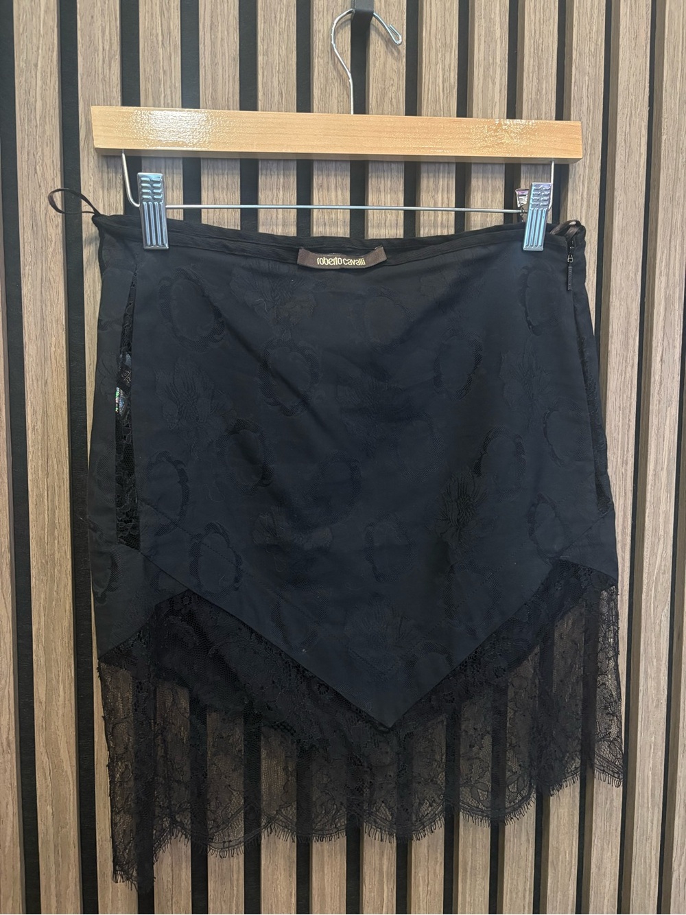 Roberto Cavalli Black Asymmetric Lace Hem Skirt